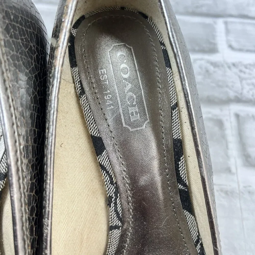 Coach Crackle Silver Women's Size 9.5/10 Metal Leather Wedge Espadrille Bow Shoe